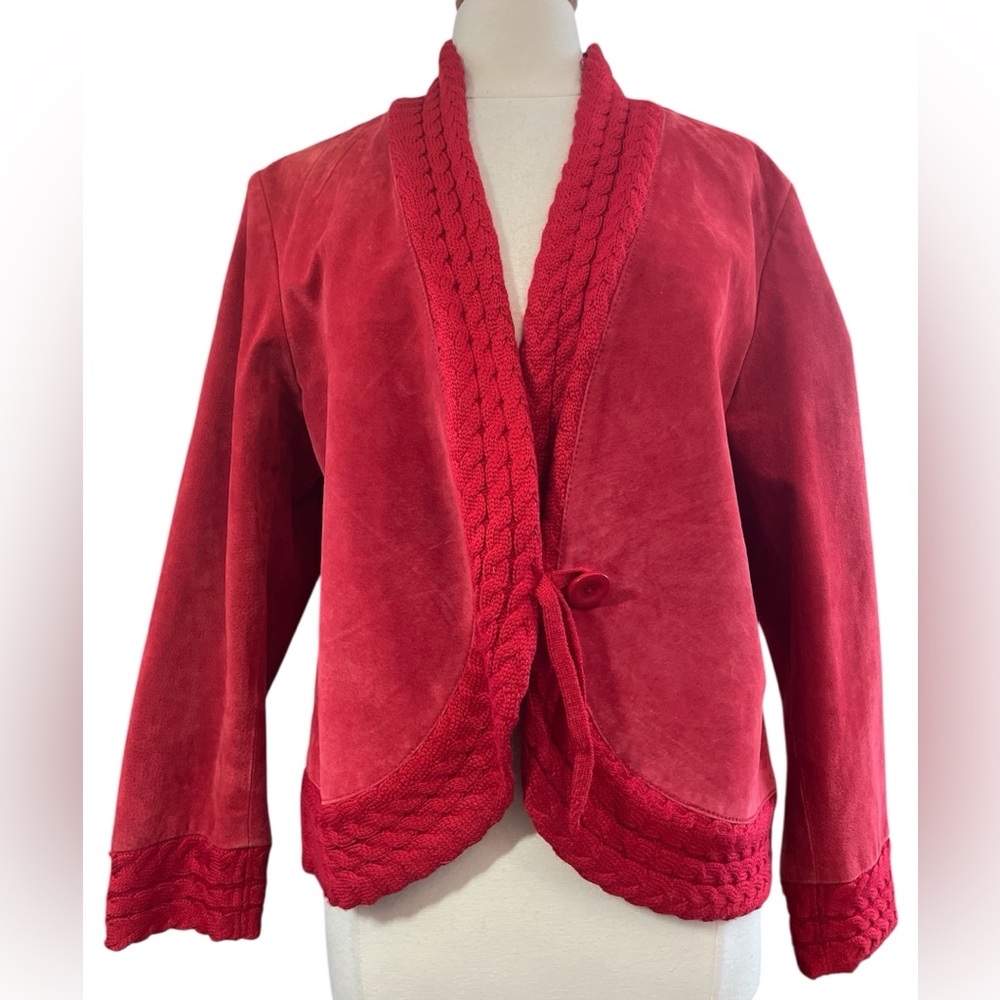 Vintage Coldwater Creek Vibrant Red Suede Jacket w/crochet trim detail